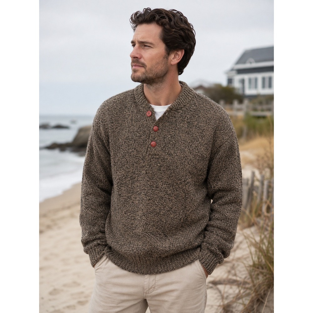 Mens Fisherman Sweater Brown Wool Blend Coastal Preppy Henley Size 46